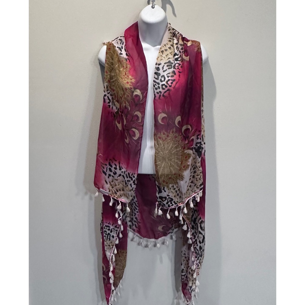 Lavello‎ Cutting Edge Convertible Vest Magenta Peacock Leopard Print Tassel Boho